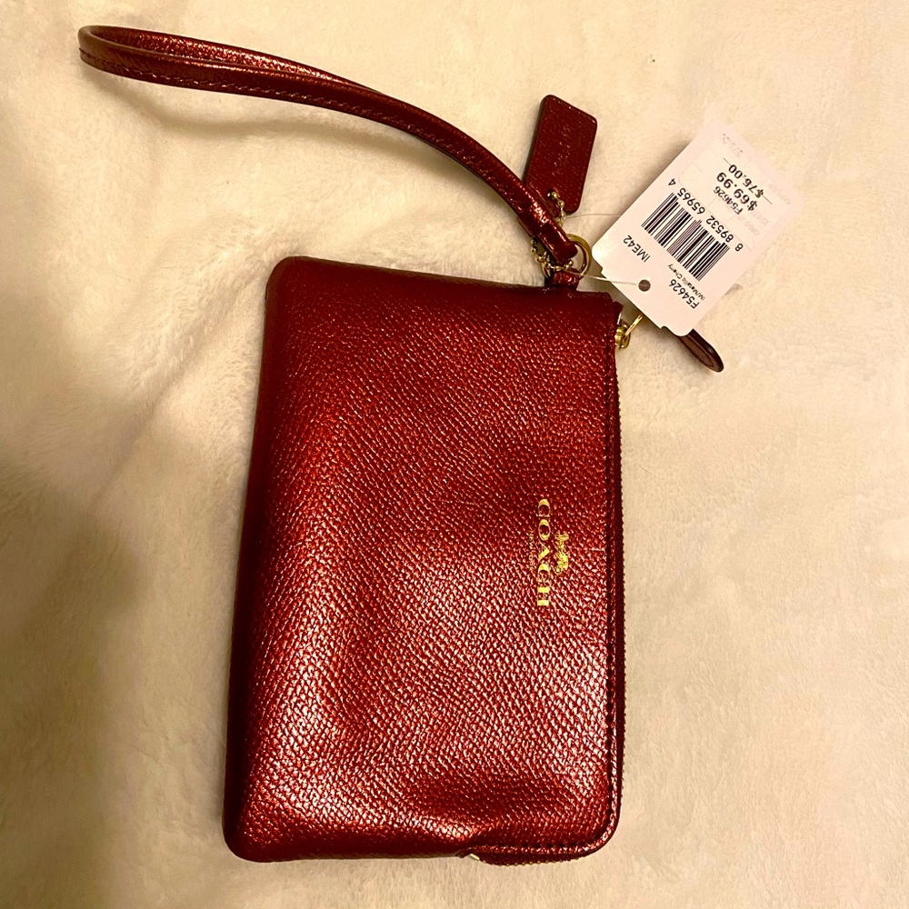 Coach wristlet,metallic maroon pebbled leather NWT